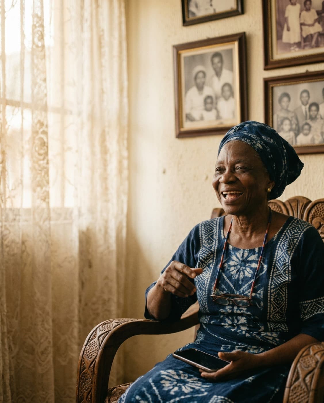 A grandmother telling a story while her grandson records on his phone