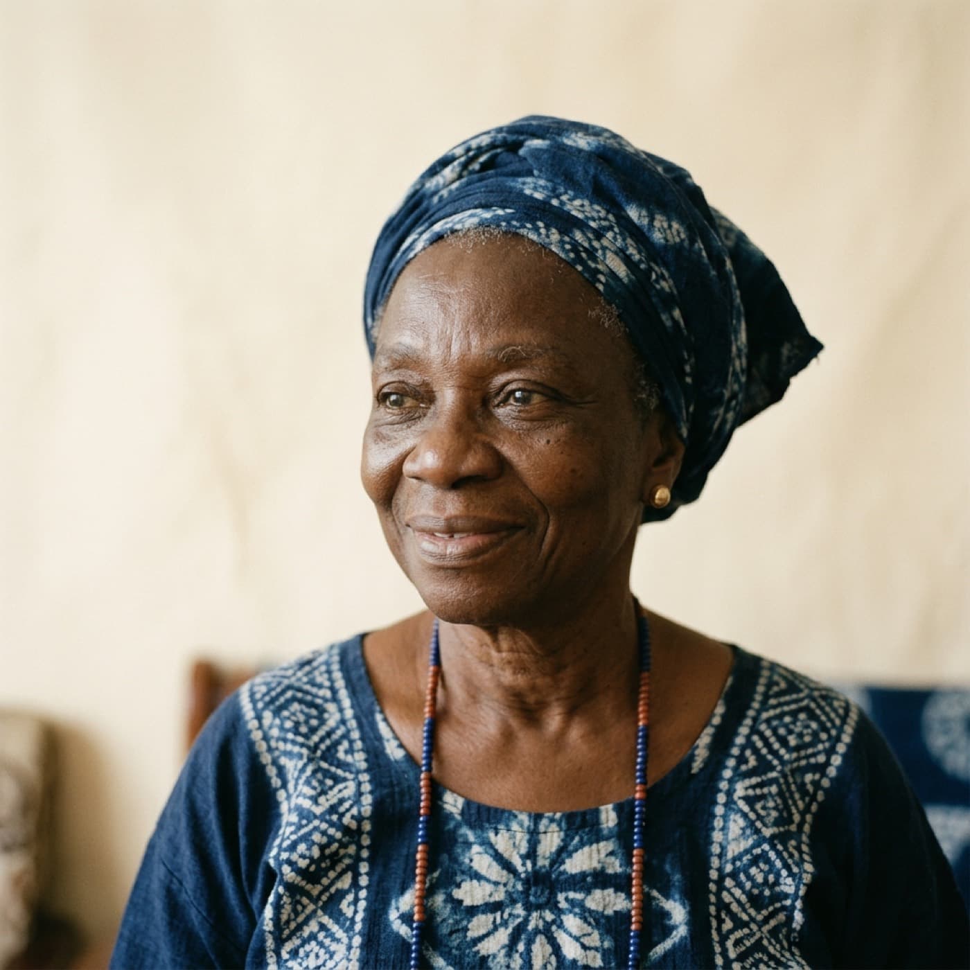 An elder speaking warmly at home
